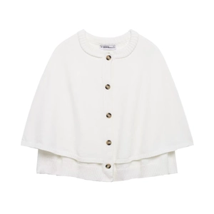 Detail of white knit cardigan showing textured wood buttons and ribbed hem finish