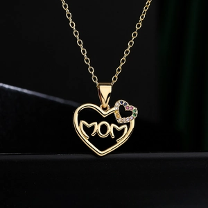 Heart Mom Pendant Necklace Copper With Colorful Zircon Gold Plated Mother Day Gift Elegant Jewelry For Women