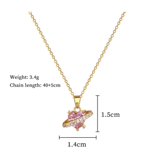Detail of pink heart planet necklace pendant with crystal halo and size dimensions