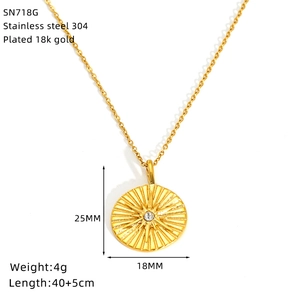 Detail of 18K gold plated stainless steel sunburst necklace with clear zircon pendant