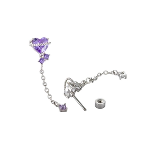 Silver heart earrings with purple gemstones and chain tassels on a white background