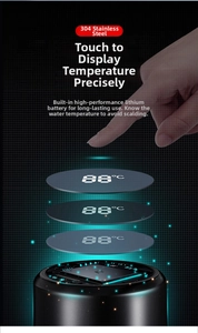 Exploded view of smart thermos lid showing LED chip and 304 stainless steel detail