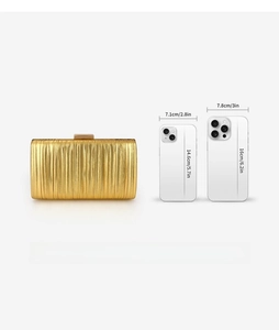 Detail showing gold pleated evening clutch capacity with dimensions for mobile phones