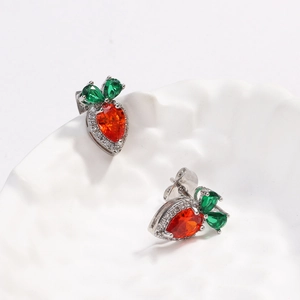 Cute strawberry stud earrings with red and green cubic zirconia in 18K gold plating