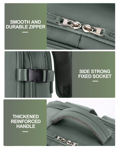 Detalles de cremalleras, hebilla y asa reforzada de esta mochila de viaje verde