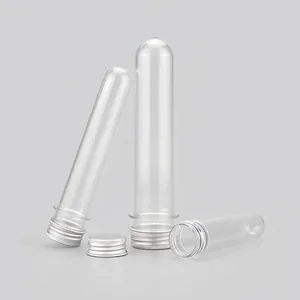 Clear PET test tubes with silver aluminum screw caps for cosmetics and liquids
