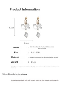 Detailed technical spec sheet showing dimensions for pearl bow earrings with silver needle