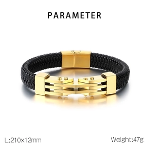 Dettaglio del bracciale in pelle intrecciata con chiusura magnetica e parametri tecnici