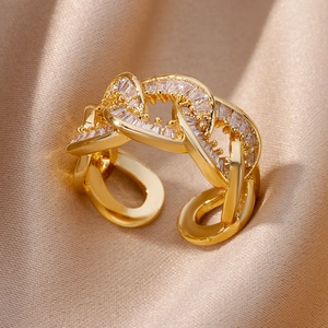 18K gold plated chain ring featuring sparkling cubic zirconia with an adjustable open design