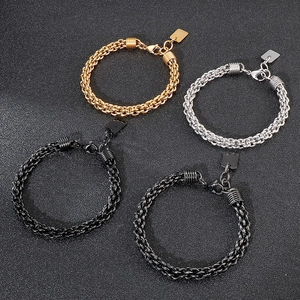 Stainless Steel Woven Chain Bracelet For Men Interlocking Links Punk Industrial Jewelry With Metal Tag Lobster Clasp
