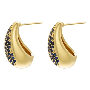 Close-up of 18K gold plated teardrop earrings with pavé-set blue zircon stones