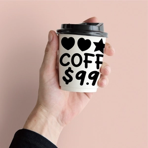 Handheld 0.5 inch minimalist white paper coffee cup with black heart star patterns