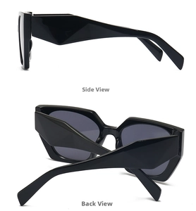 Detail view of bold geometric temples on these square glossy black UV400 sunglasses