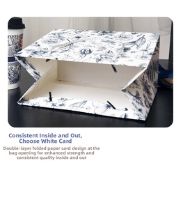 Detailed top view of reinforced gift bag top with blue floral white cardboard texture
