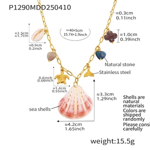 Detailed view of ocean style necklace showing charms dimensions and stainless steel chain