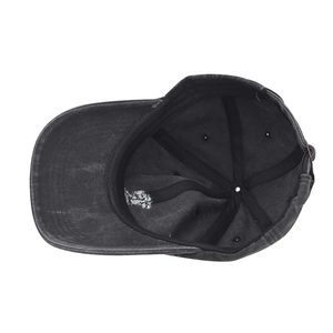 Detail view of washed dark grey baseball cap interior showing sweatband and embroidery
