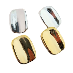 Minimalist shiny brass square stud earrings in gold and silver mirror finish, four-piece set