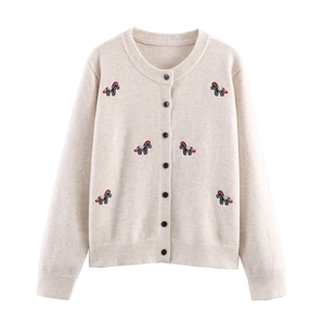 Women Knit Cardigan Long Sleeve Round Neck Button Down Pony Embroidery Polyester Casual Preppy Style Sweater