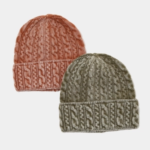 Bonnets en maille torsadée pour hiver en rouge brique et vert olive à revers épais