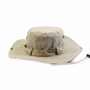 Detail of khaki outdoor boonie hat featuring breathable metal eyelets and adjustable cord