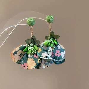 Floral fabric drop earrings with green rose studs and colorful printed petals