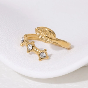 Elegant Leaf Shape Adjustable Ring Stainless Steel With Clear Zircon 18K Gold Plated Minimalist Jewelry For Women