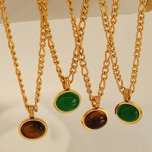 Set Gioielli Vintage in Acciaio al Titanio per Donna Collana con Pendente Ovale in Vetro Verde Pietra Occhio di Tigre Orecchini a Lobo a Forma di C