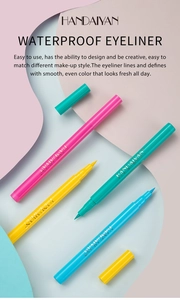 Detailed view of colorful waterproof liquid eyeliner pens in vibrant rainbow shades
