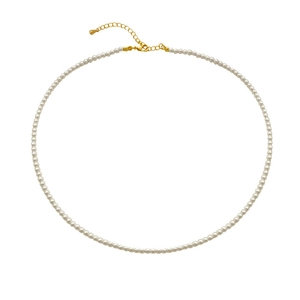 Elegant 2mm white crystal pearl necklace with adjustable gold clasp on white background