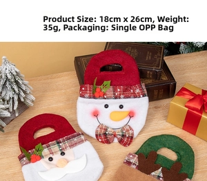 Close-up of Christmas felt gift bags featuring Santa, snowman and reindeer designs, 18x26cm size
