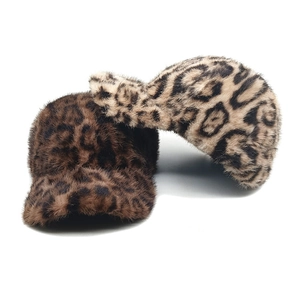 Plush leopard print baseball caps for women, winter warm hats in brown faux fur styles