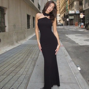 Elegant French style black halter neck maxi dress with slim fit and high slit design