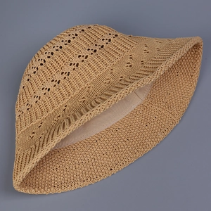 Breathable khaki knit bucket hat for women with minimalist woven texture for summer sun protection