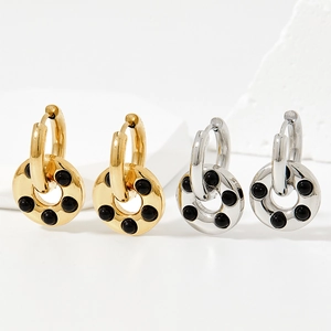 Minimalist gold and silver stainless steel hoop earrings with black stone donut pendants