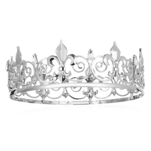 Silver round king crown with fleur-de-lis design and rhinestones for weddings