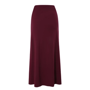 Detail of burgundy bohemian beach skirt with silky satin finish and elegant A-line cut