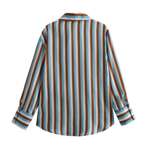 Rear view of long sleeve satin shirt with blue and brown vertical stripes