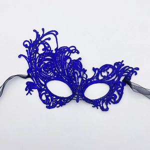 Detailed close-up of dark royal blue lace masquerade mask with ornate filigree patterns