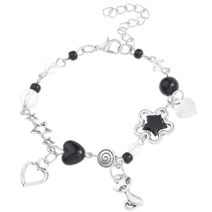 Y2K style beaded bracelet with silver cat claw heart charms and black star beads