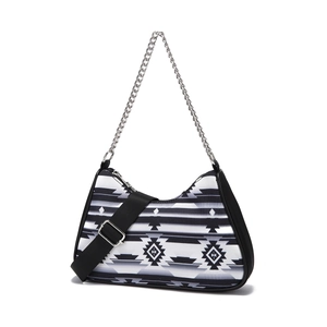 Detail of bohemian Aztec pattern bag featuring a metal chain and wide webbed shoulder strap