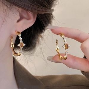 18k gold plated tiger eye C-shape hoop earrings with vintage amber stones and crystals