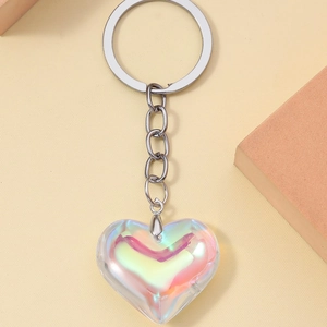 3D holographic heart keychain with silver metal ring and colorful resin pendant