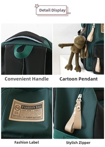 Detail of dark green backpack featuring top handle, zipper, and plush frog charm accessory