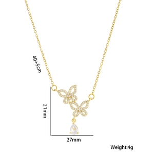 Elegant gold titanium butterfly necklace with teardrop zircon and 40+5cm chain