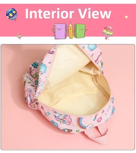Vista interna dello zaino rosa con unicorno per bambini che mostra lo scomparto principale
