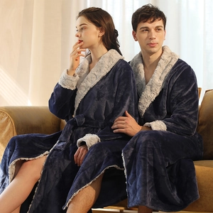 Long Flannel Bathrobe Thickened Coral Fleece Plush Dressing Gown For Couples Winter Warm Nightgown With Contrast Trim