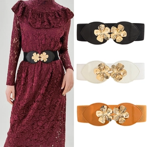 Women Fashion Elastic Corset Belt With Metal Flower Buckle Faux Leather Wide Waist Band Stretch Belt For Dresses Accessories
