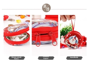 Three-view layout of red Christmas tin coin purse with dual zippers and carry strap