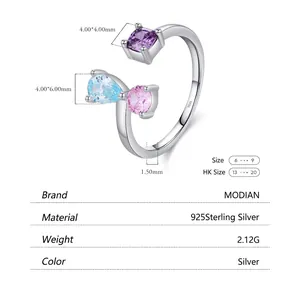 Adjustable S925 sterling silver ring featuring colorful square and pear-cut crystals