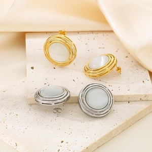 French design stainless steel oval cat eye stone earrings in gold and silver finish